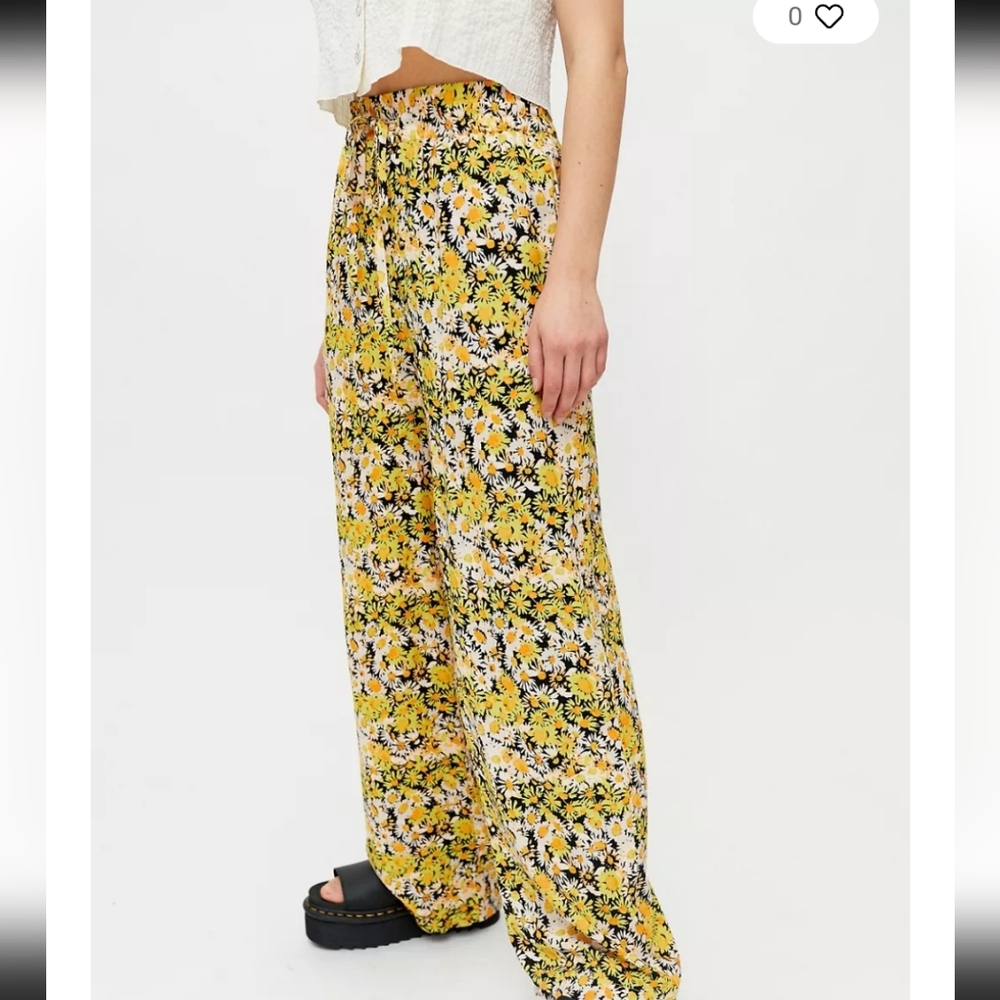 Urban Outfitters Yellow Floral Wide-Leg Pants with White & Black Flowers